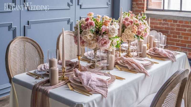 gold white pink and taupe table setting flowers decor and chairs | Weddings & Events by Cheryl Munro | Toronto Wedding Planner
