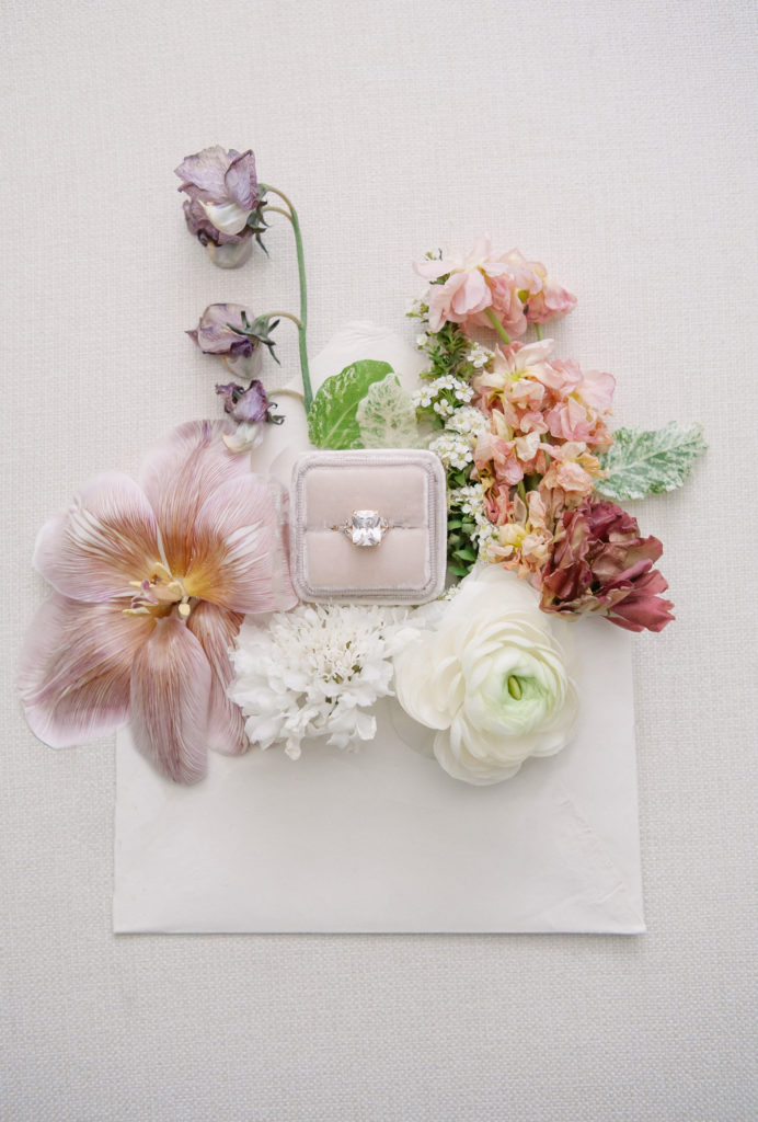 Colourful flowers with ring in ring box  | Weddings & Events by Cheryl Munro | Toronto Wedding Planner