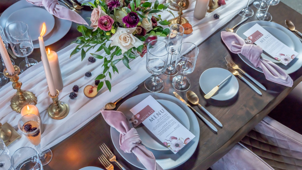 Pink and white tablescape with tall candles, flowers and table runner  | Weddings & Events by Cheryl Munro | Toronto Wedding Planner