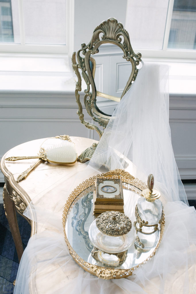 Vanity with a gold mirror and veil  | Weddings & Events by Cheryl Munro | Toronto Wedding Planner