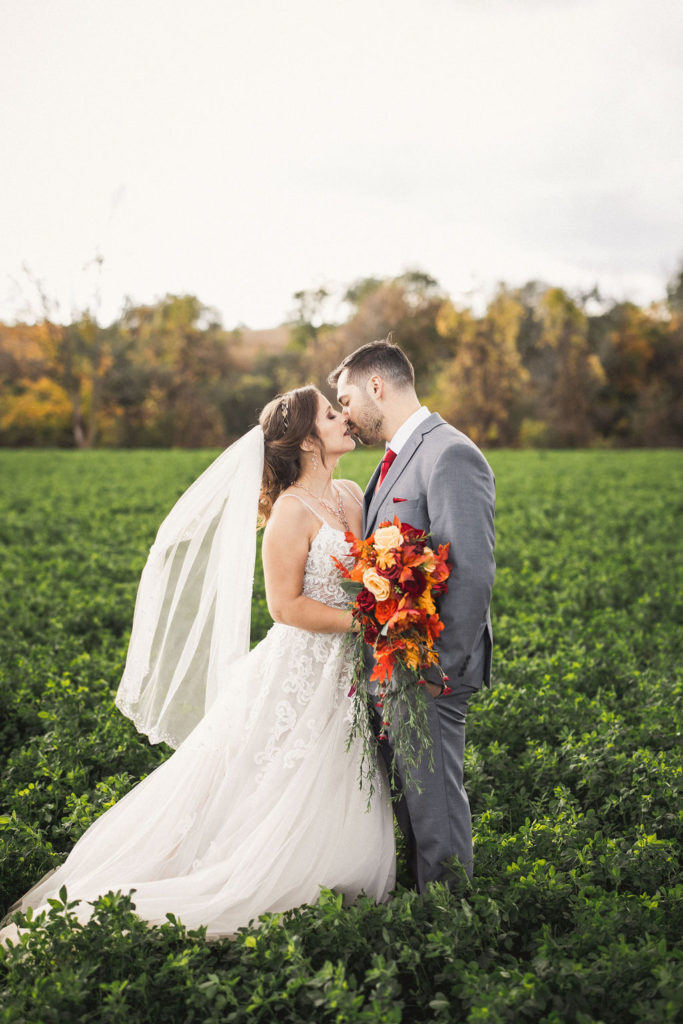 Bride and groom about to kiss in a field | Weddings & Events by Cheryl Munro | Toronto Wedding Planner
